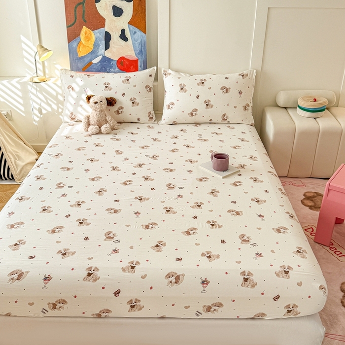 91家纺网 家纺一手货源 找家纺 温眠 2025新款A类亲肤水洗棉可爱卡通印花床笠 可爱泰迪