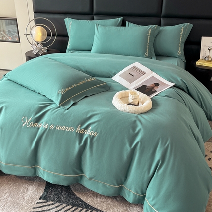 91家纺网 家纺一手货源 找家纺 买家秀 爆款花色不断货）A类母婴级纯棉磨毛四件套磨毛刺绣四件套纯棉四件套全棉磨毛四件套纯色双拼四件套 逸-松石绿