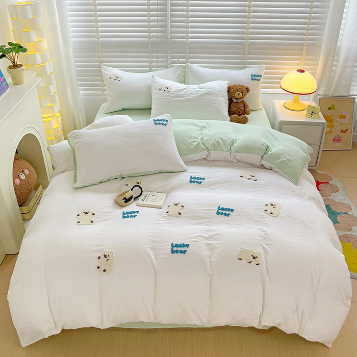 91家纺网 家纺一手货源 找家纺 韩巢家纺 2025新款超柔水洗棉小白熊毛巾绣四件套-（提供卖家秀） 小白熊白绿