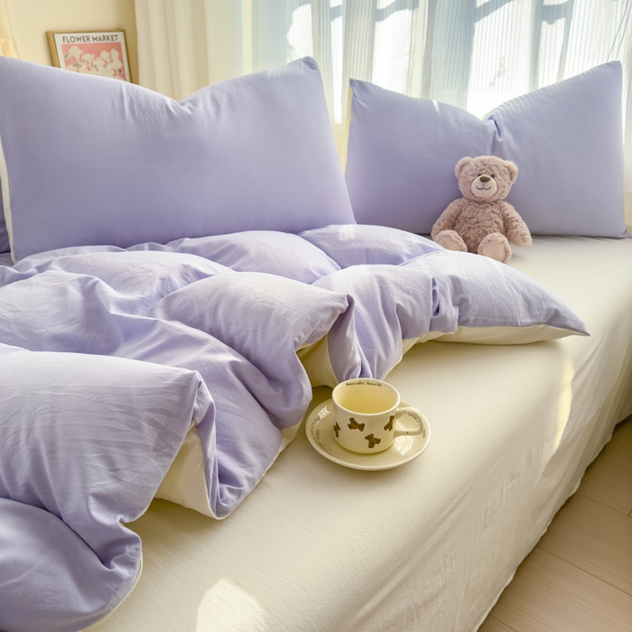 91家纺网 家纺一手货源 找家纺 优佳优品 2024新款亲肤水洗棉纯色四件套紫色时光