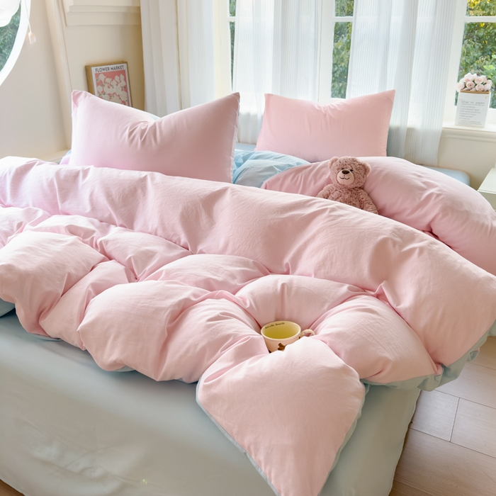 91家纺网 家纺一手货源 找家纺 优佳优品 2024新款亲肤水洗棉纯色四件套慕云粉