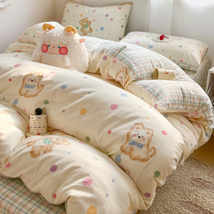 91家纺网 家纺一手货源 找家纺 西引力 2025开春新款全棉印花四件套单被套系列 假日小狗