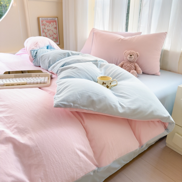 91家纺网 家纺一手货源 找家纺 优佳优品 2024新款亲肤水洗棉纯色四件套慕云粉