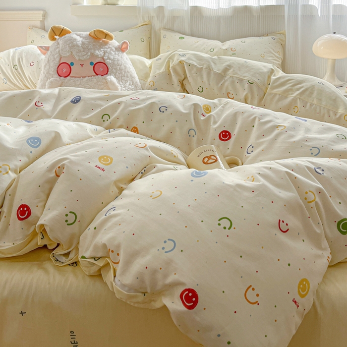 91家纺网 家纺一手货源 找家纺 西引力 2025开春新款全棉印花四件套单被套系列 笑脸