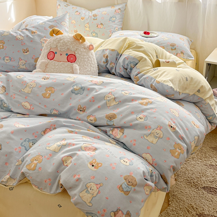 91家纺网 家纺一手货源 找家纺 西引力 2025开春新款全棉印花四件套单被套系列 狗狗家族兰