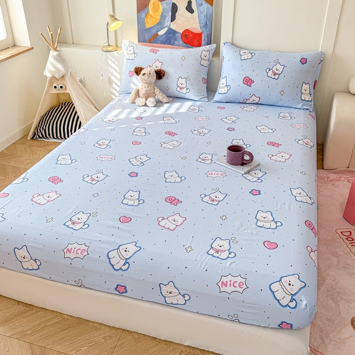 91家纺网 家纺一手货源 找家纺 温眠 2025新款A类亲肤水洗棉可爱卡通印花床笠 高西低