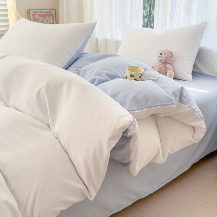 91家纺网 家纺一手货源 找家纺 优佳优品 2024新款亲肤水洗棉纯色四件套云朵冰蓝