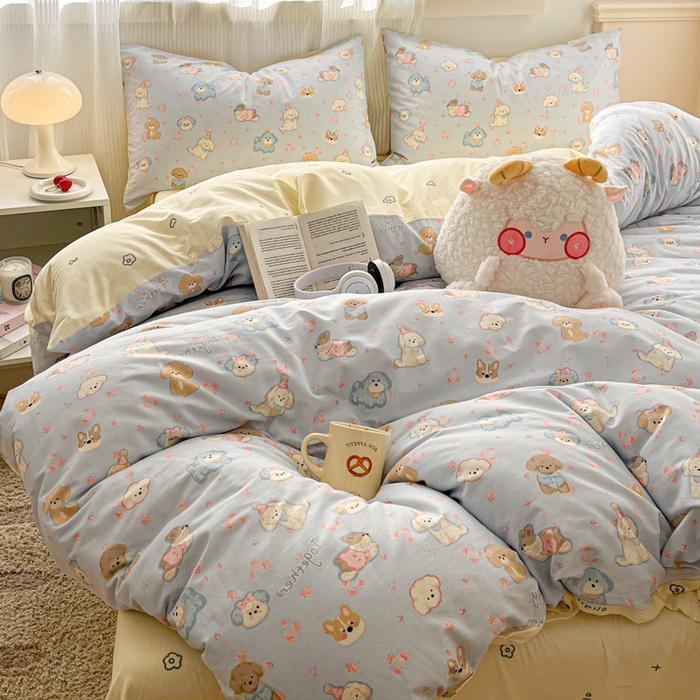 91家纺网 家纺一手货源 找家纺 西引力 2025开春新款全棉印花四件套单被套系列 狗狗家族兰