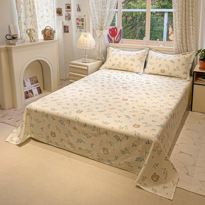 91家纺网 家纺一手货源 找家纺 2025春夏新款全棉花卉系列印花床单 叶中萌熊