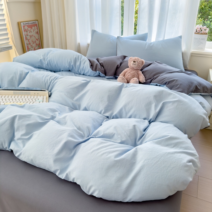 91家纺网 家纺一手货源 找家纺 优佳优品 2024新款亲肤水洗棉纯色四件套莫奈灰蓝