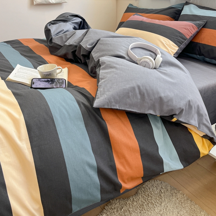 91家纺网 家纺一手货源 找家纺 西引力 2025开春新款全棉印花四件套单被套系列 彩条时尚