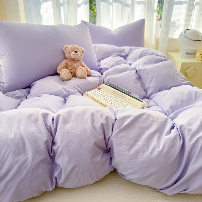 91家纺网 家纺一手货源 找家纺 优佳优品 2024新款亲肤水洗棉纯色四件套紫色时光