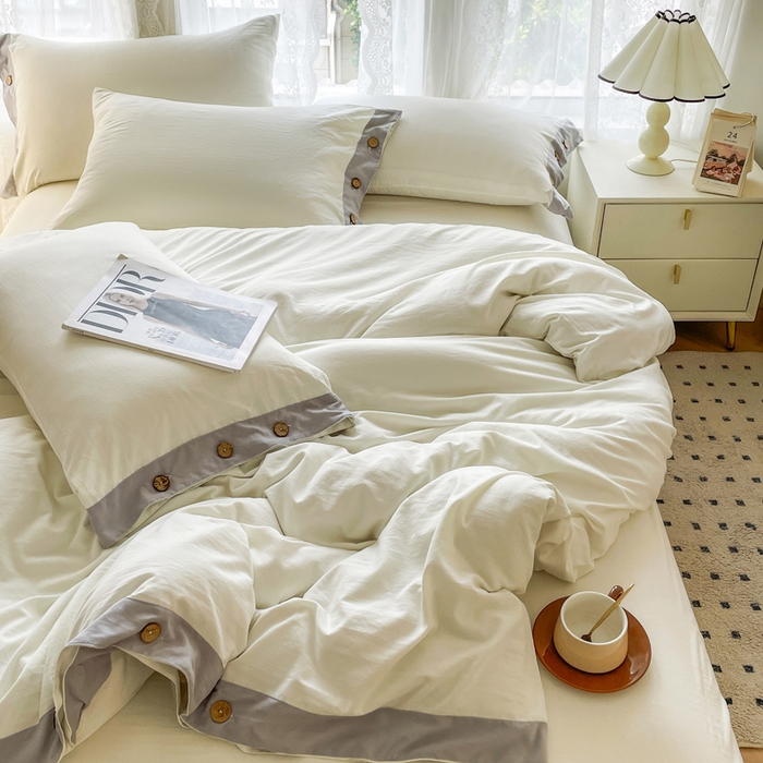 91家纺网 家纺一手货源 找家纺 库里梦家纺 2025新款贴边纽扣式纯色水洗棉四件套 贴边纽扣-奶油白
