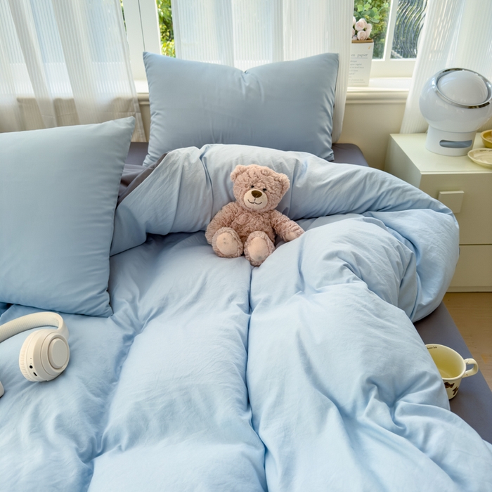 91家纺网 家纺一手货源 找家纺 优佳优品 2024新款亲肤水洗棉纯色四件套莫奈灰蓝