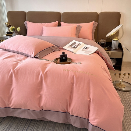 91家纺网 家纺一手货源 找家纺 买家秀 爆款花色不断货）A类母婴级纯棉磨毛四件套磨毛刺绣四件套纯棉四件套全棉磨毛四件套纯色双拼四件套 帛-藕粉色