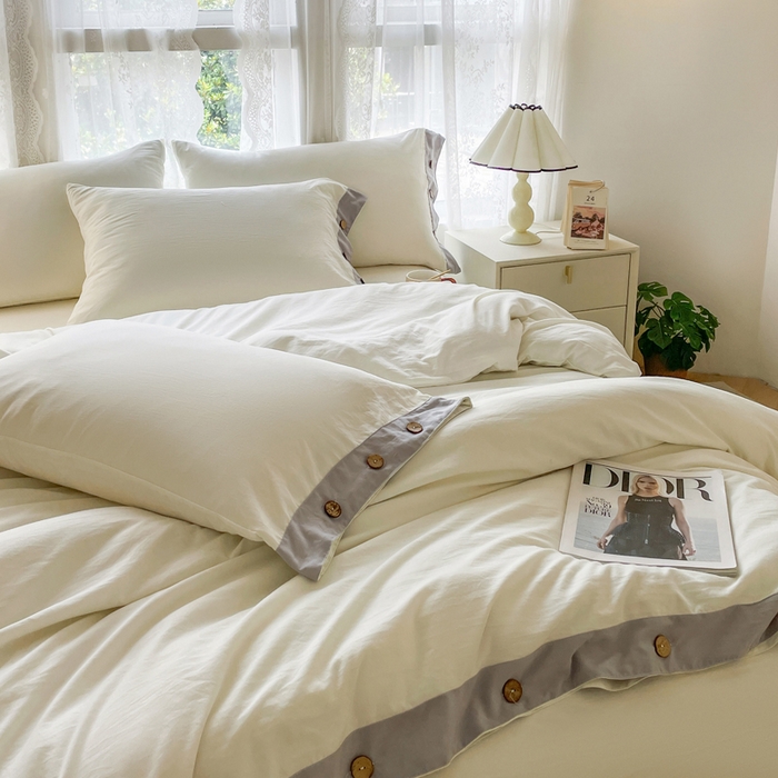 91家纺网 家纺一手货源 找家纺 库里梦家纺 2025新款贴边纽扣式纯色水洗棉四件套 贴边纽扣-奶油白