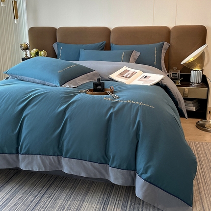 91家纺网 家纺一手货源 找家纺 买家秀 爆款花色不断货）A类母婴级纯棉磨毛四件套磨毛刺绣四件套纯棉四件套全棉磨毛四件套纯色双拼四件套 帛-氧气蓝