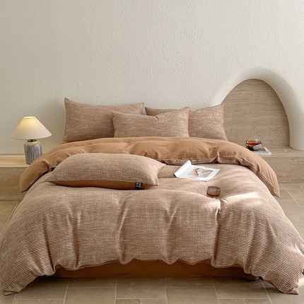 618家纺 2025新款全棉色织水洗大提花纯棉长绒棉四件套-简雅 简雅-落日橙