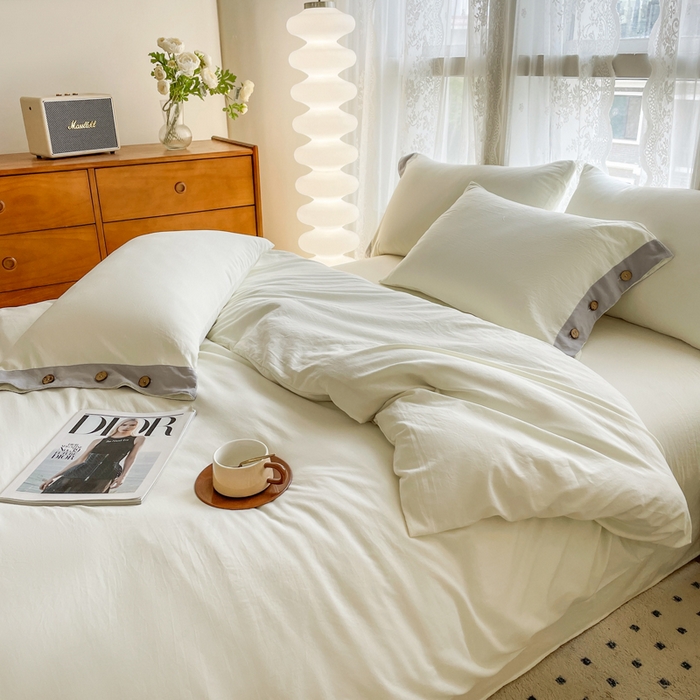 91家纺网 家纺一手货源 找家纺 库里梦家纺 2025新款贴边纽扣式纯色水洗棉四件套 贴边纽扣-奶油白
