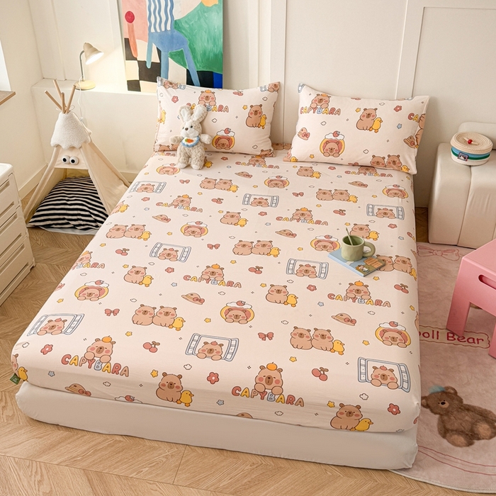 91家纺网 家纺一手货源 找家纺 温眠 2025新款A类亲肤水洗棉可爱卡通印花床笠 卡皮巴拉