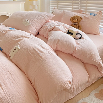 韩巢家纺 2025新款超柔水洗棉小白熊毛巾绣四件套-（提供卖家秀） 小白熊浅粉