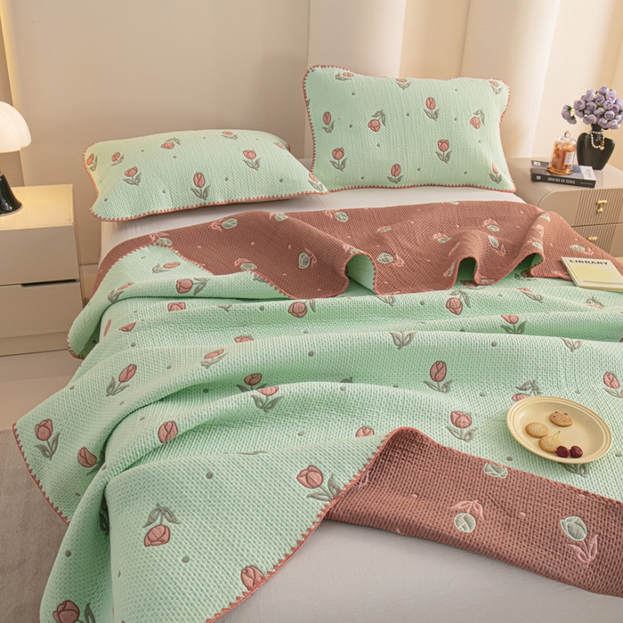 91家纺网 家纺一手货源 找家纺 手艺人2025新款A类宝宝四季全棉提花双面可铺盖床盖榻榻米炕盖炕垫盖毯AC01-AC10 AC01绿