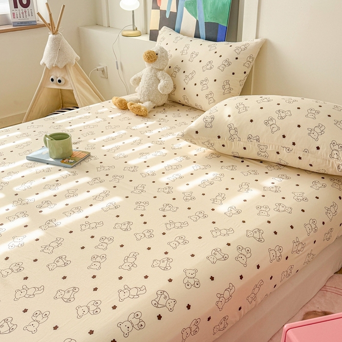 91家纺网 家纺一手货源 找家纺 温眠 2025新款A类亲肤水洗棉可爱卡通印花床笠 可爱小熊