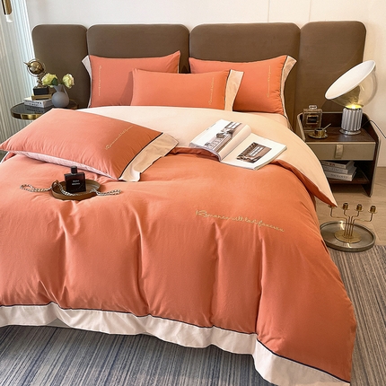 91家纺网 家纺一手货源 找家纺 买家秀 爆款花色不断货）A类母婴级纯棉磨毛四件套磨毛刺绣四件套纯棉四件套全棉磨毛四件套纯色双拼四件套 帛-桦茶橘