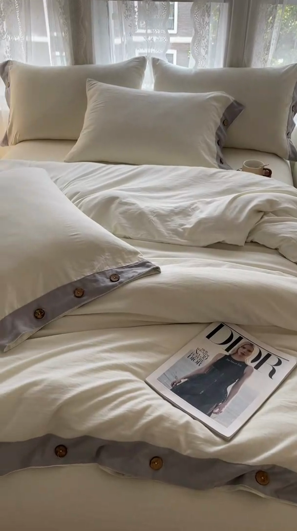 91家纺网 家纺一手货源 找家纺 库里梦家纺 2025新款贴边纽扣式纯色水洗棉四件套 贴边纽扣-奶油白