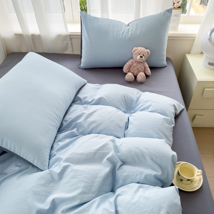 91家纺网 家纺一手货源 找家纺 优佳优品 2024新款亲肤水洗棉纯色四件套莫奈灰蓝