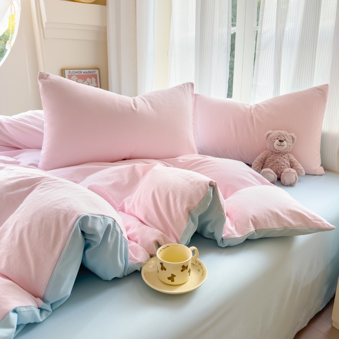 91家纺网 家纺一手货源 找家纺 优佳优品 2024新款亲肤水洗棉纯色四件套慕云粉