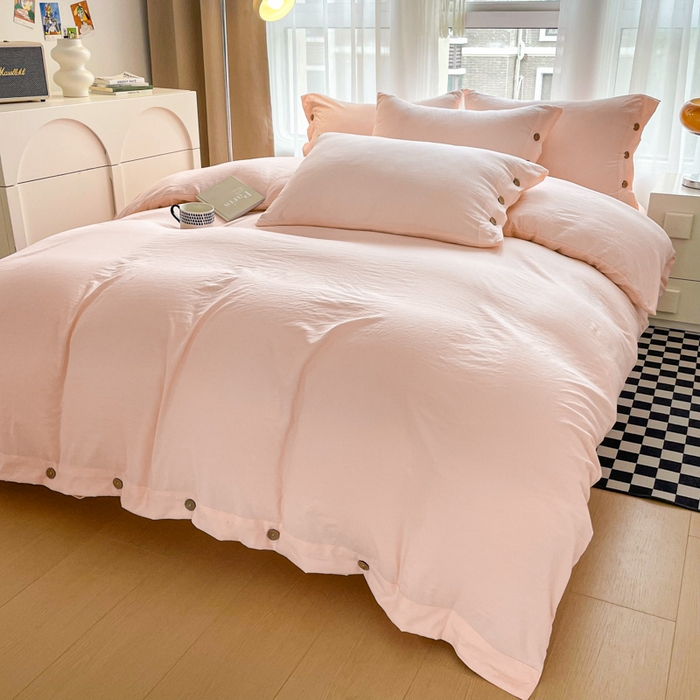 91家纺网 家纺一手货源 找家纺 库里梦家纺 2025新款水洗棉纽扣四件套学生季A类简约纯色无印风四件套 纽扣少女粉