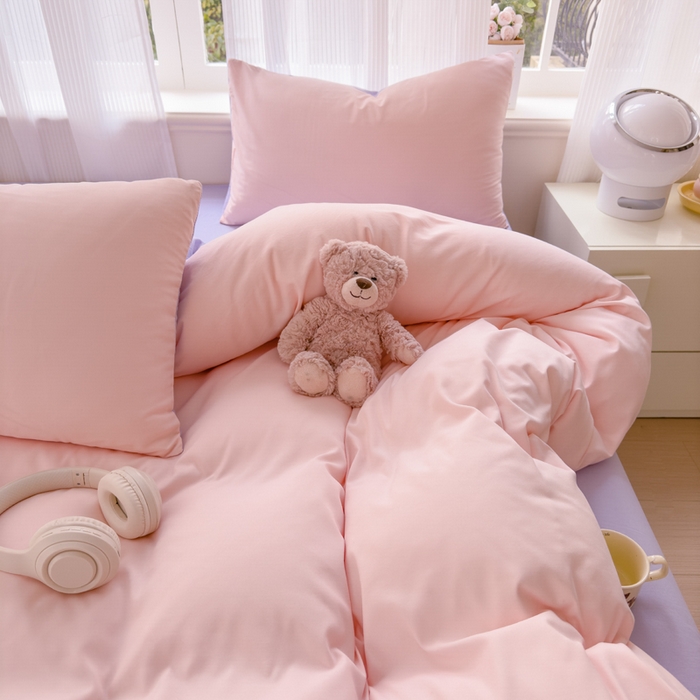 91家纺网 家纺一手货源 找家纺 优佳优品 2024新款亲肤水洗棉纯色四件套桃之夭夭