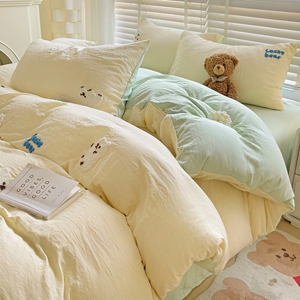 韩巢家纺 2025新款超柔水洗棉小白熊毛巾绣四件套-（提供卖家秀） 小白熊奶黄绿