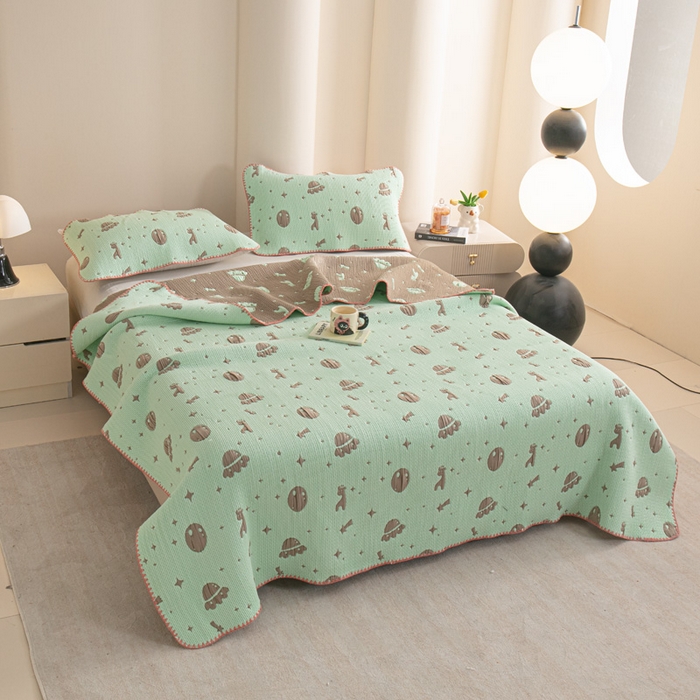 91家纺网 家纺一手货源 找家纺 手艺人2025新款A类宝宝四季全棉提花双面可铺盖床盖榻榻米炕盖炕垫盖毯AC01-AC10 AC07绿