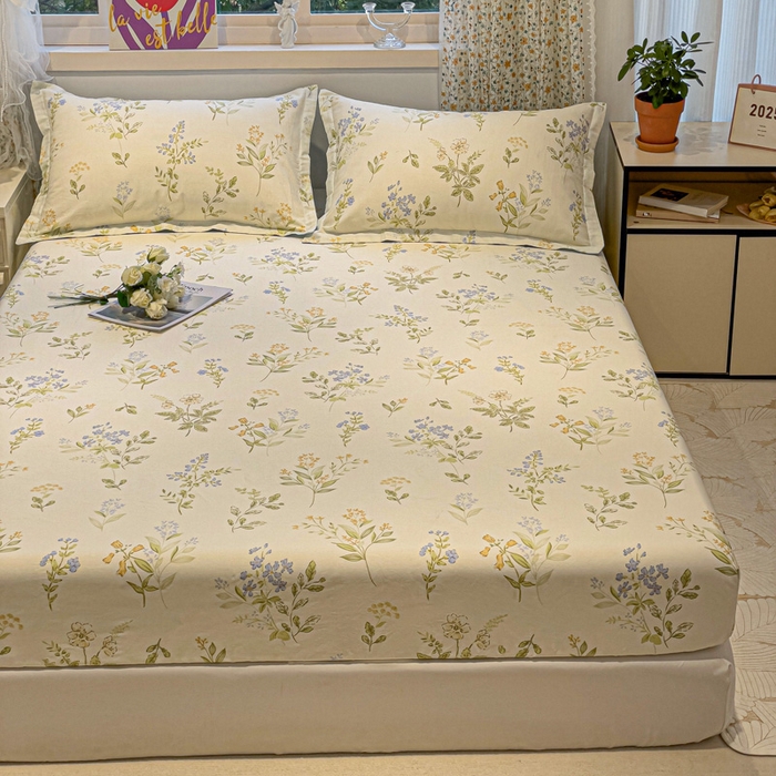 91家纺网 家纺一手货源 找家纺 2025春夏新款全棉花卉系列印花单床笠 沁园春