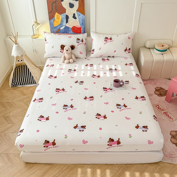 91家纺网 家纺一手货源 找家纺 温眠 2025新款A类亲肤水洗棉可爱卡通印花床笠 欢乐伙伴