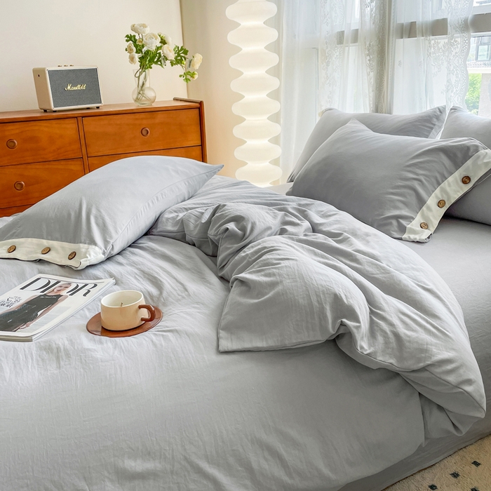 91家纺网 家纺一手货源 找家纺 库里梦家纺 2025新款贴边纽扣式纯色水洗棉四件套 贴边纽扣-雅灰