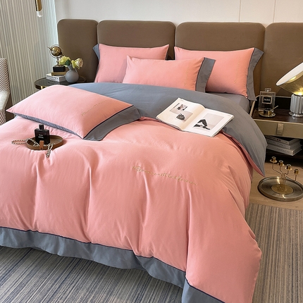 91家纺网 家纺一手货源 找家纺 买家秀 爆款花色不断货）A类母婴级纯棉磨毛四件套磨毛刺绣四件套纯棉四件套全棉磨毛四件套纯色双拼四件套 帛-雅灰粉