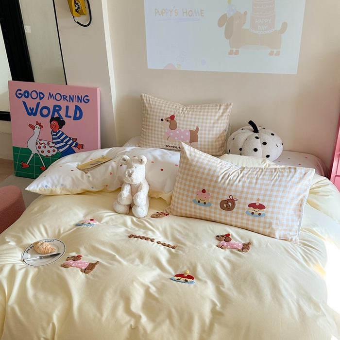 91家纺网 家纺一手货源 找家纺 美乐迪家纺 2025新款全棉毛巾绣四件套 腊肠狗