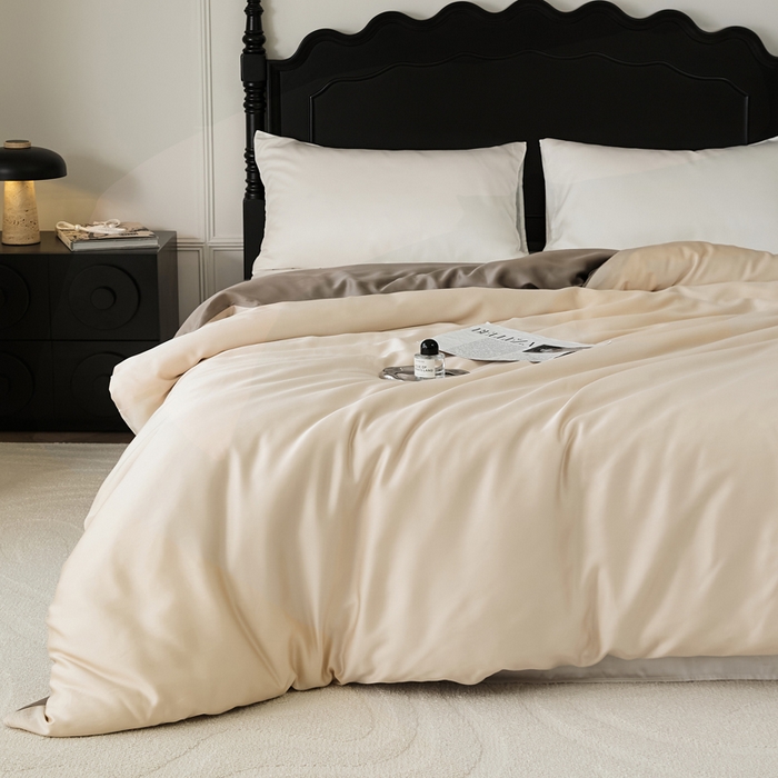 91家纺网 家纺一手货源 找家纺 EH家居 2025春夏天丝纯色单被套 香槟咖+深咖