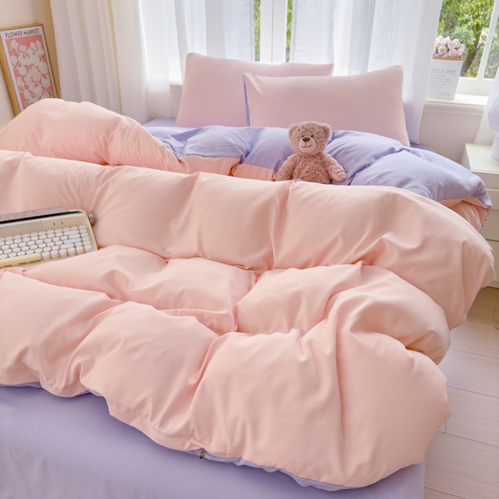 91家纺网 家纺一手货源 找家纺 优佳优品 2024新款亲肤水洗棉纯色四件套桃之夭夭