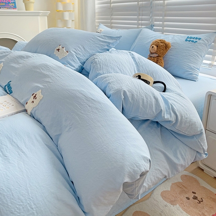韩巢家纺 2025新款超柔水洗棉小白熊毛巾绣四件套-（提供卖家秀） 小白熊浅蓝