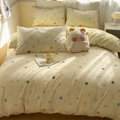 91家纺网 家纺一手货源 找家纺 西引力 2025开春新款全棉印花四件套单被套系列 笑脸