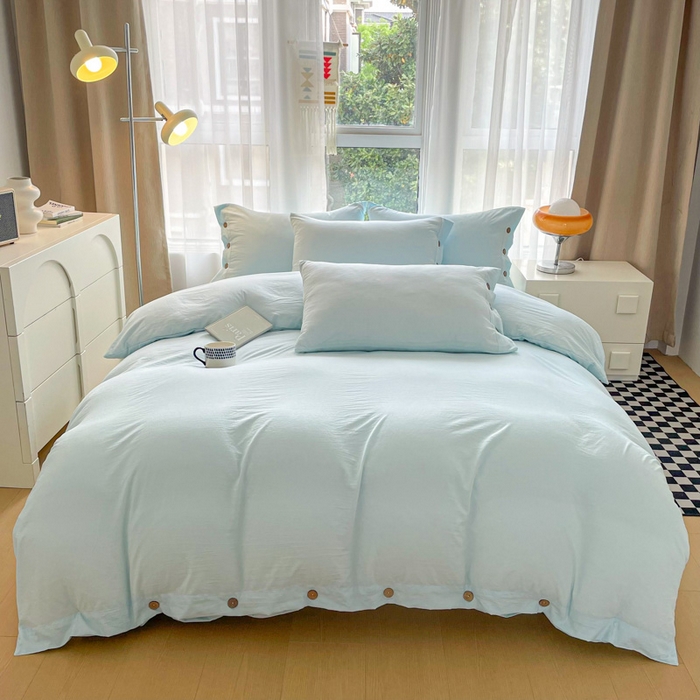 91家纺网 家纺一手货源 找家纺 库里梦家纺 2025新款水洗棉纽扣四件套学生季A类简约纯色无印风四件套 纽扣浅蓝