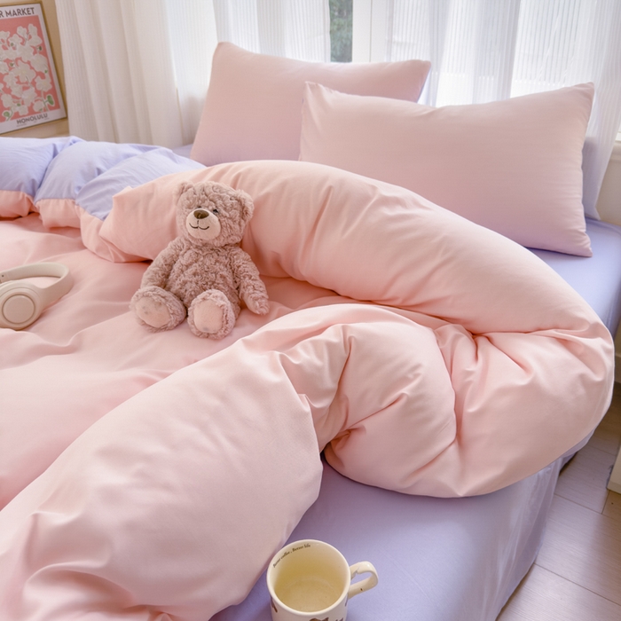 91家纺网 家纺一手货源 找家纺 优佳优品 2024新款亲肤水洗棉纯色四件套桃之夭夭