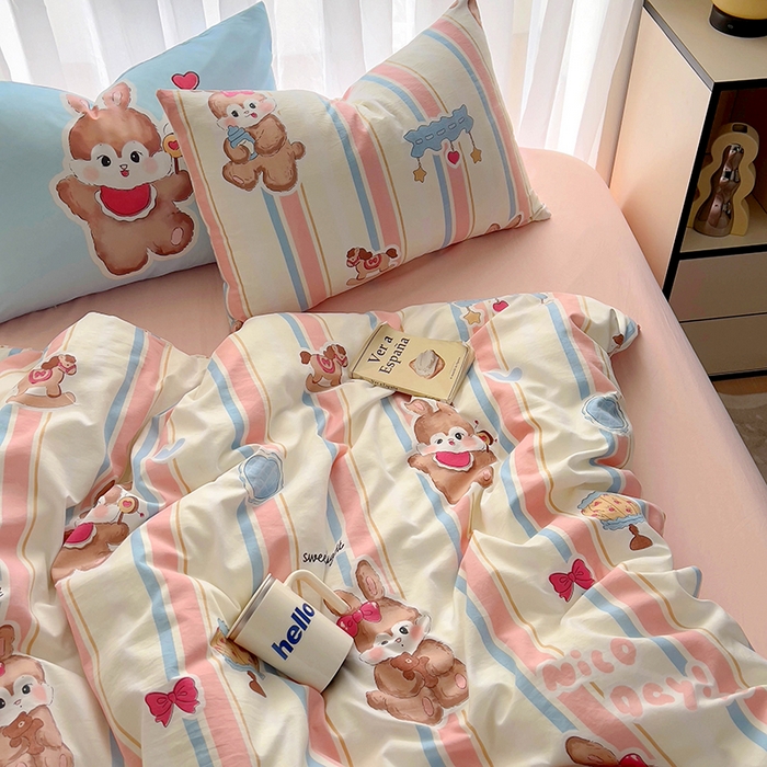 91家纺网 家纺一手货源 找家纺 春光里 2025新款水洗棉印花系列四件套 小兔软团