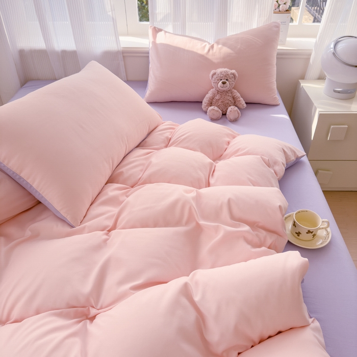 91家纺网 家纺一手货源 找家纺 优佳优品 2024新款亲肤水洗棉纯色四件套桃之夭夭