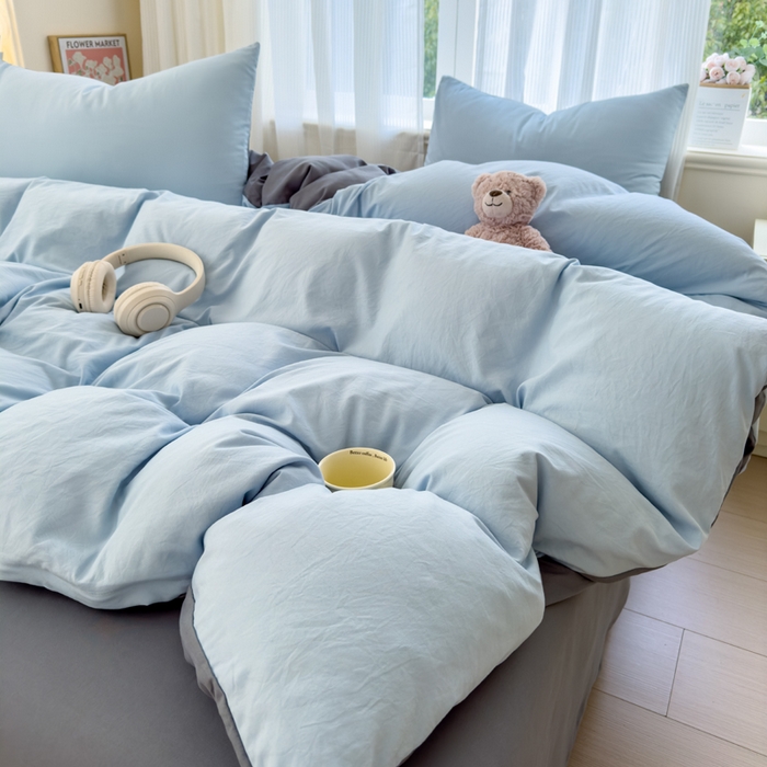 91家纺网 家纺一手货源 找家纺 优佳优品 2024新款亲肤水洗棉纯色四件套莫奈灰蓝