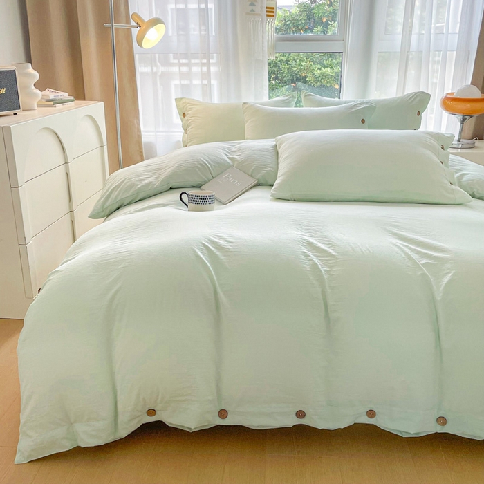 91家纺网 家纺一手货源 找家纺 库里梦家纺 2025新款水洗棉纽扣四件套学生季A类简约纯色无印风四件套 纽扣湖蓝